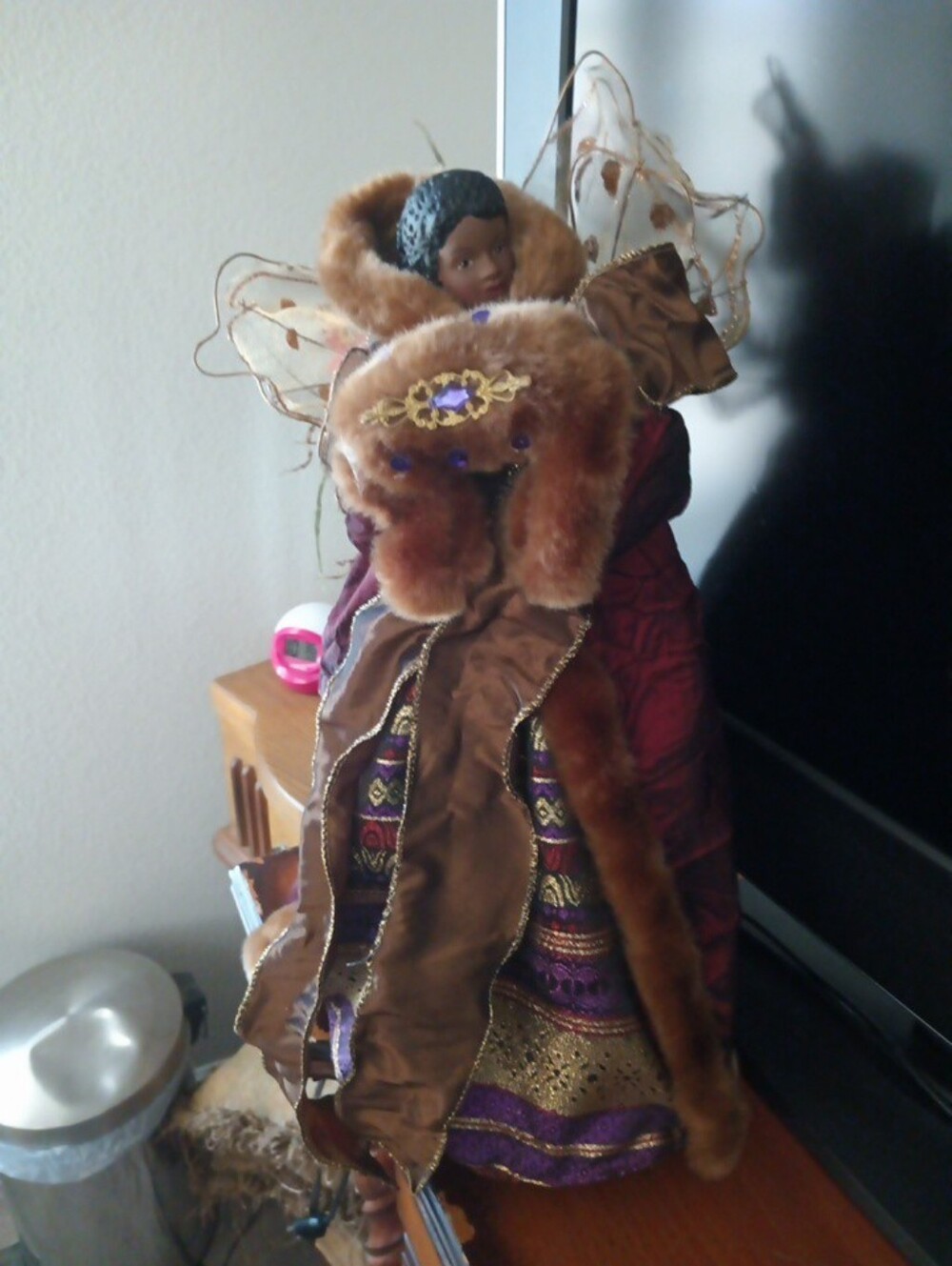 Decorative African American Princess Tree Topper Doll in Brown, Gold Purple Trim